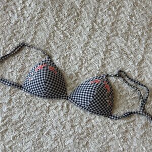 Arizona Jeans bikini top black & white gingham with pink floral embroidery